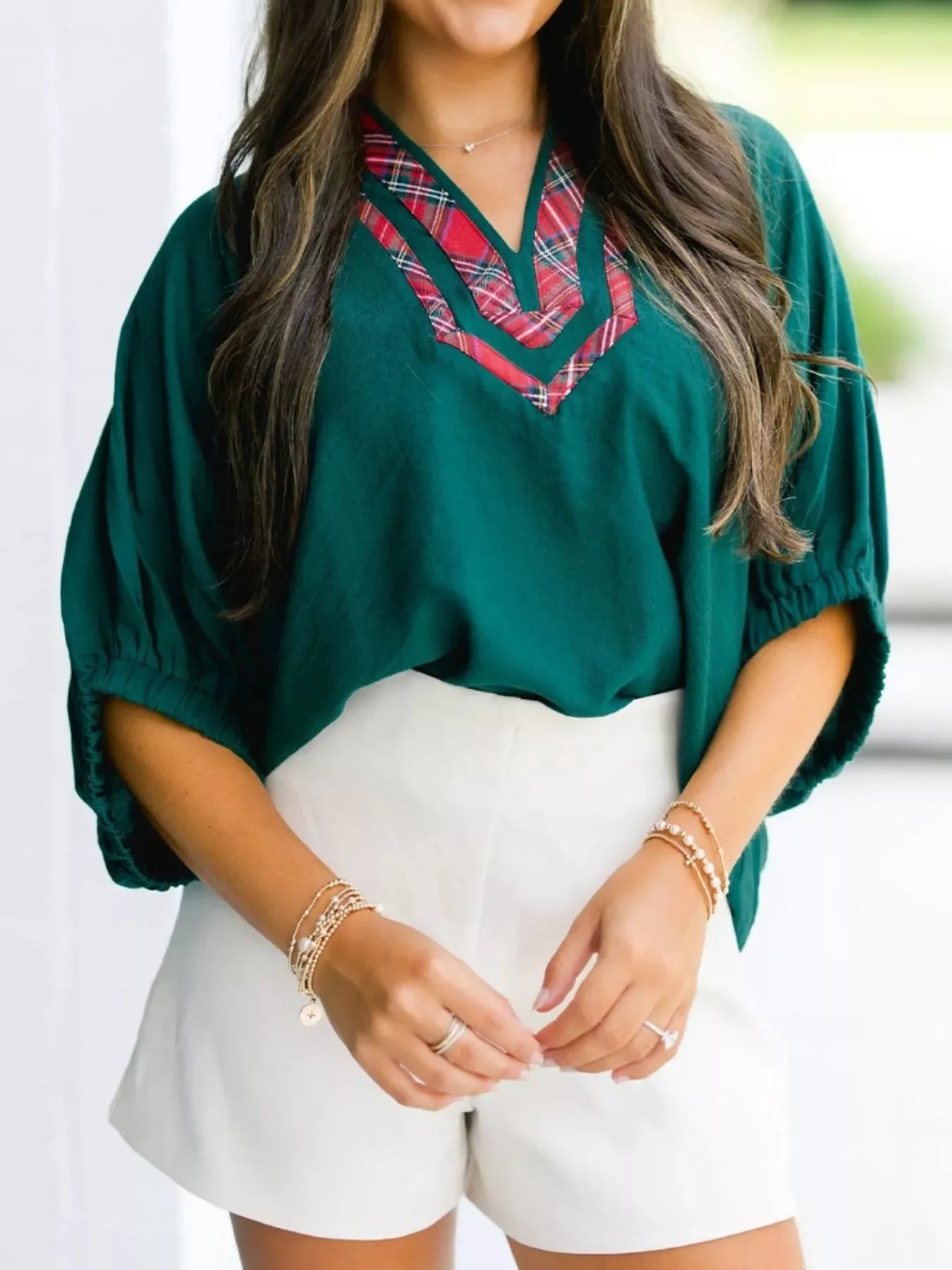 Plaid Trim Half Sleeve Blouse - Trendsi - Flyclothing LLC