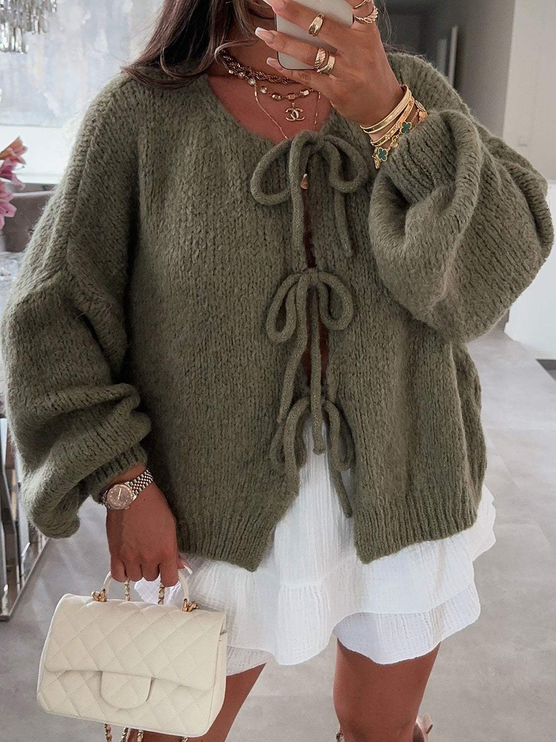 Tied Long Sleeve Dropped Shoulder Cardigan - Trendsi - Flyclothing LLC