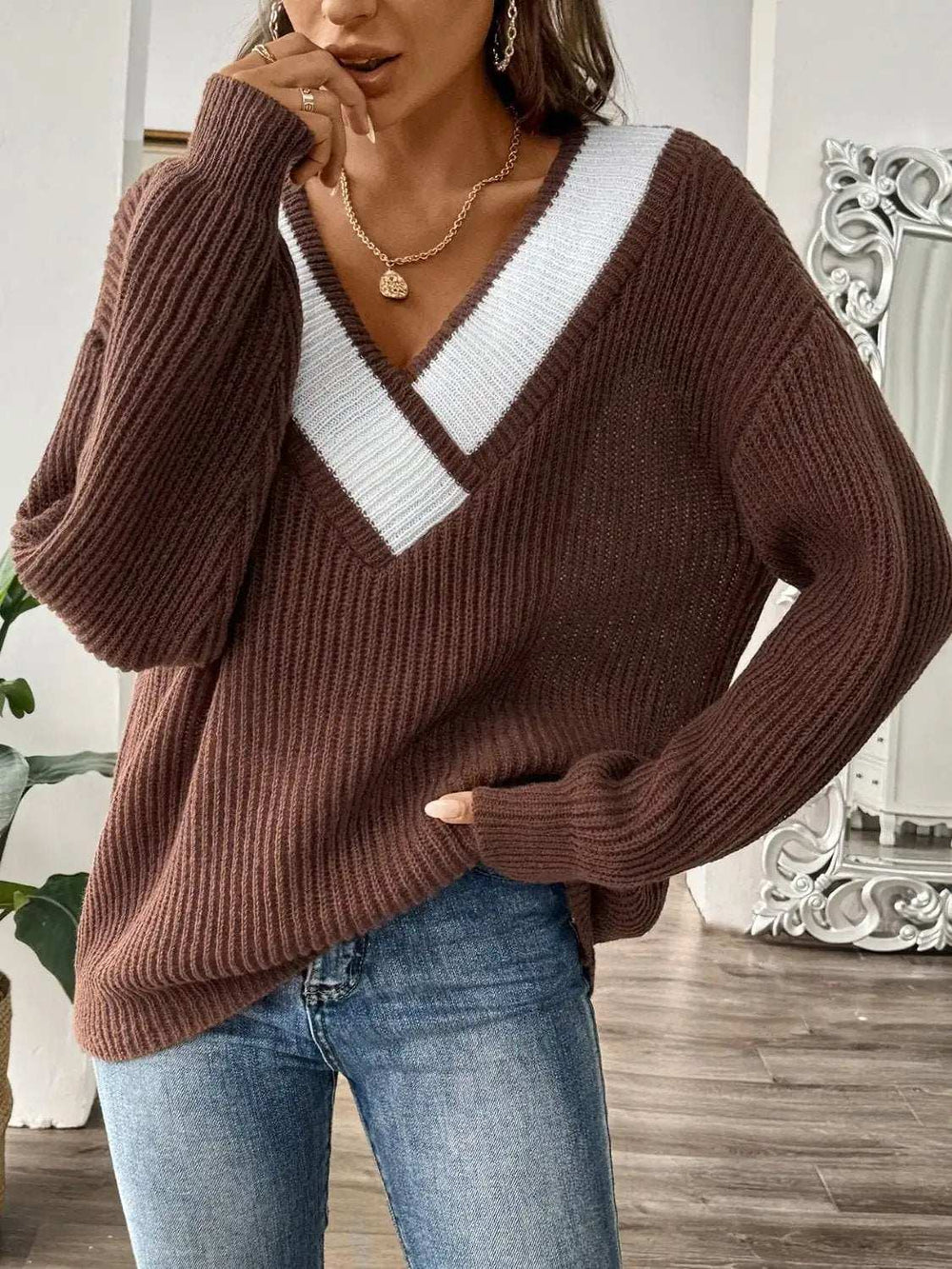 Contrast Dropped Shoulder Long Sleeve Sweater - Trendsi - Flyclothing LLC