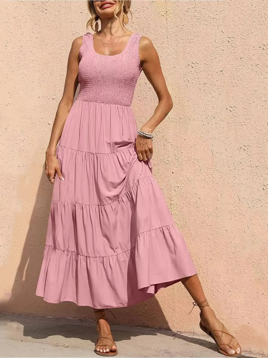 Tiered Smocked Wide Strap Dress - Trendsi - Flyclothing LLC