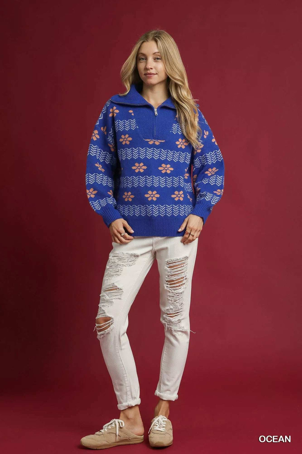 Umgee Floral Patterned Jacquard Quarter-Zip Pullover Sweater - Trendsi - Flyclothing LLC