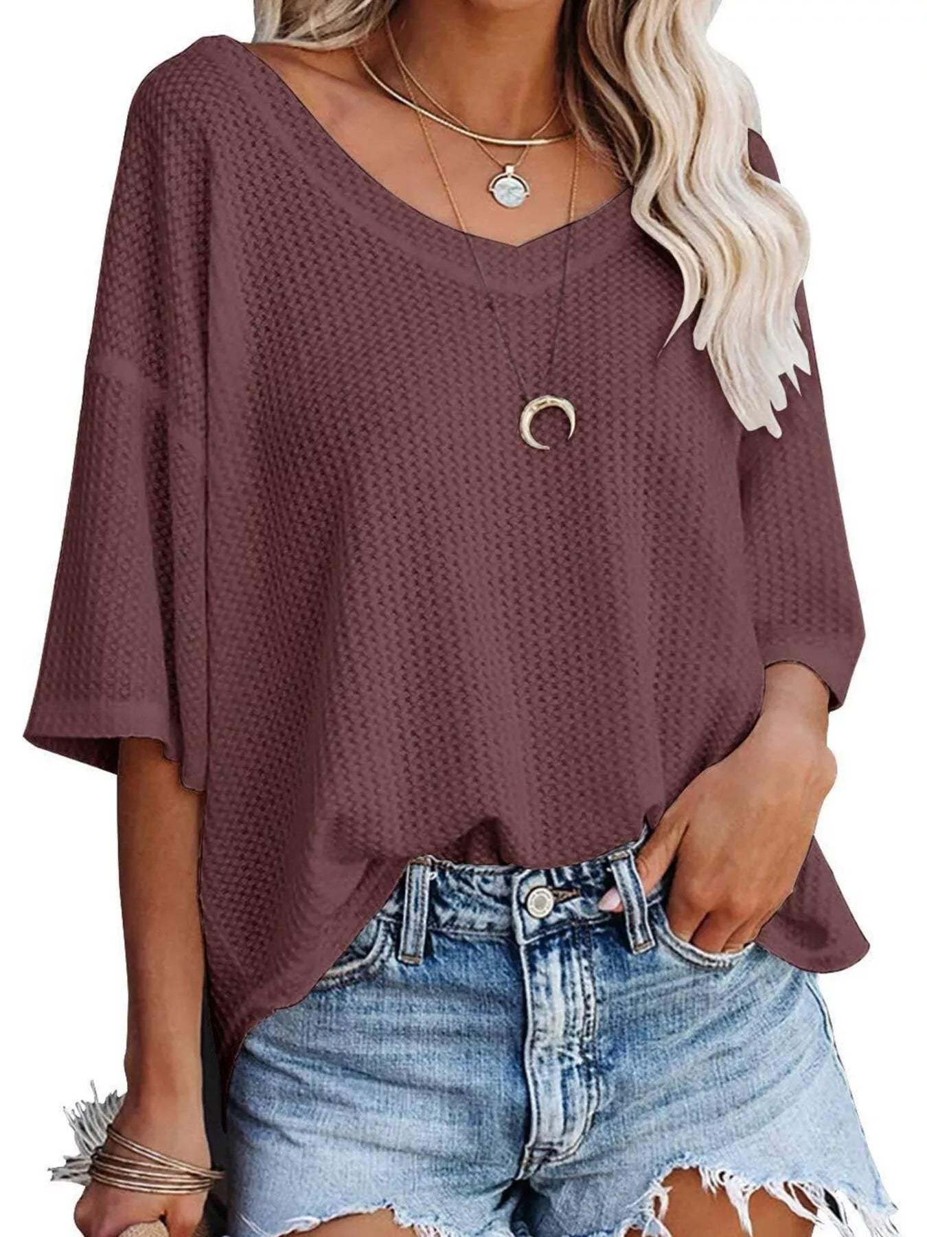 Waffle Knit V-Neck Short Sleeve T-Shirt - Trendsi - Flyclothing LLC