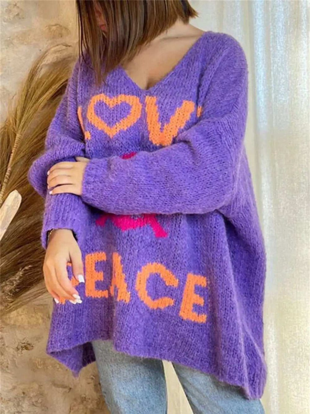 Peace Graphic V-Neck Long Sleeve Sweater - Trendsi - Flyclothing LLC