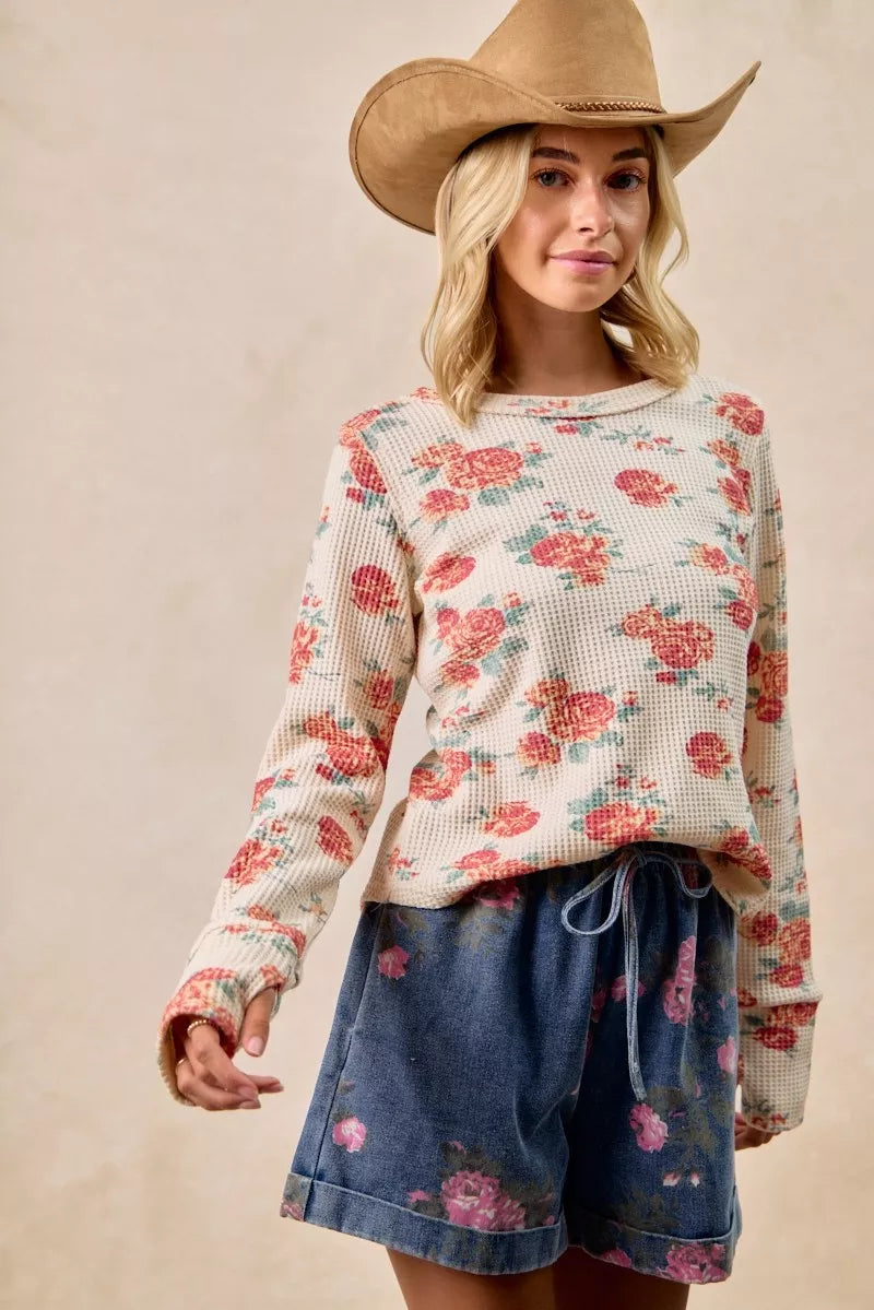 BiBi Floral Print Washed Waffle Thermal Top With Thumb - Trendsi - Flyclothing LLC