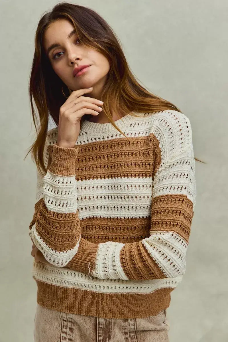 SO ME Openwork Round Neck Wide Stripe Textured Sweater - Trendsi - Flyclothing LLC