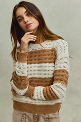 SO ME Openwork Round Neck Wide Stripe Textured Sweater - Trendsi - Flyclothing LLC