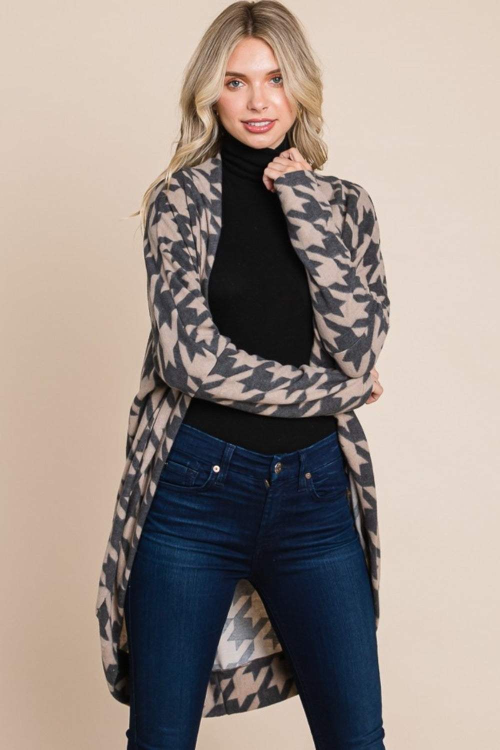 BOMBOM Houndstooth Open Front Cocoon Knit Cardigan - Trendsi - Flyclothing LLC