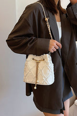 Chain Drawstring Raw Edge Denim Bucket Bag - Trendsi