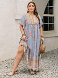 Plus Size Printed Tie Neck Flutter Sleeve Maxi Dress - Trendsi