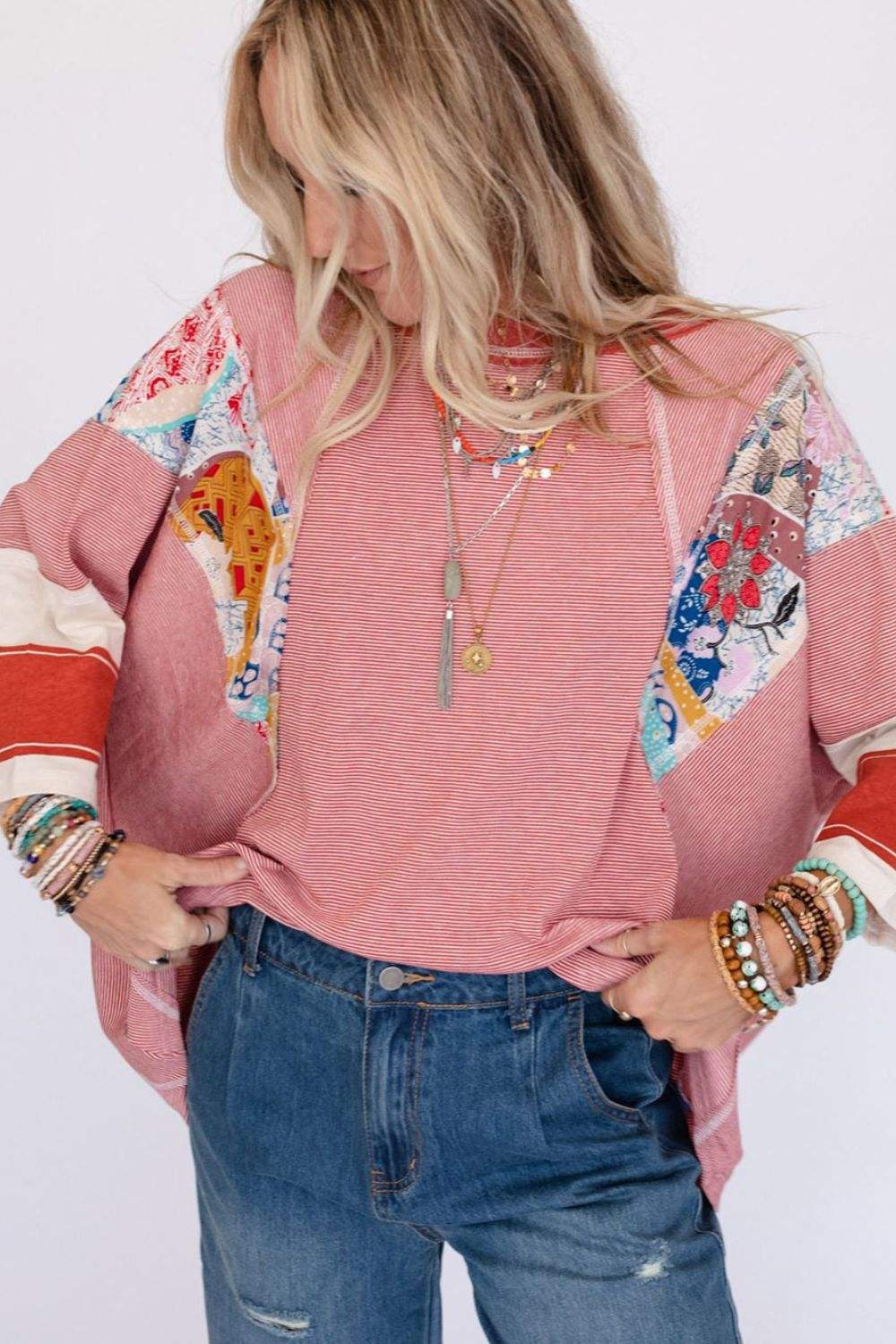 Striped Floral Patchwork Round Neck Top - Trendsi - Flyclothing LLC