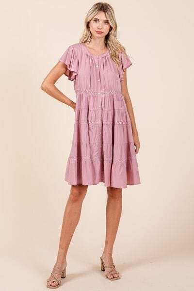 Mittoshop Lace Detail Ruffled Button Down Tiered Dress - Trendsi - Flyclothing LLC