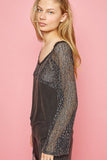 POL V-Neck Long Sleeve Lace Patch Top - Trendsi