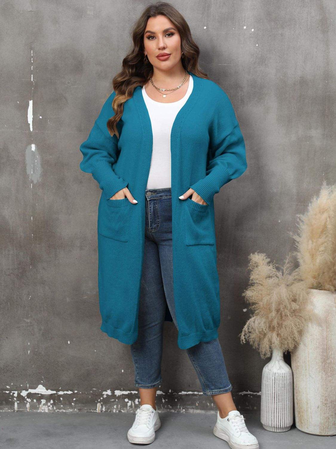 Plus Size Long Sleeve Pocketed Cardigan - Trendsi - Flyclothing LLC
