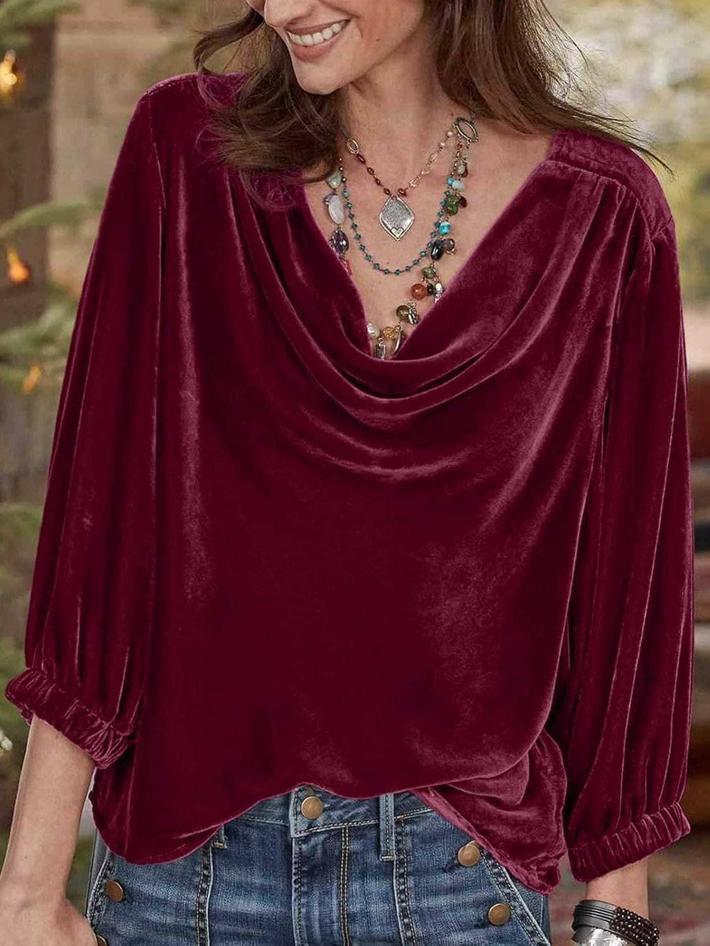 Cowl Neck Three-Quarter Sleeve Top - Trendsi - Flyclothing LLC