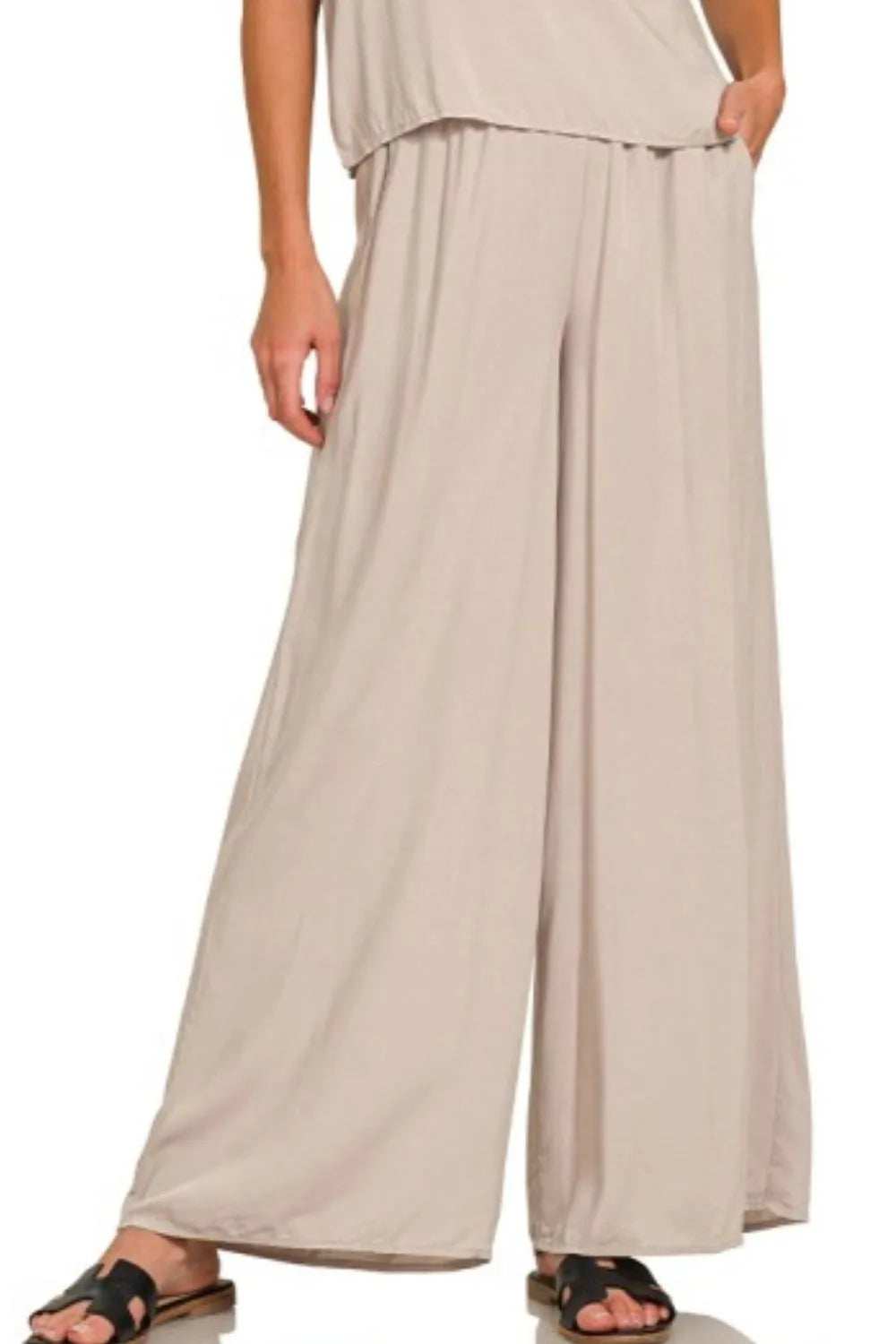 Zenana Round Neck T-Shirt and Wide Leg Pants Set - Trendsi - Flyclothing LLC