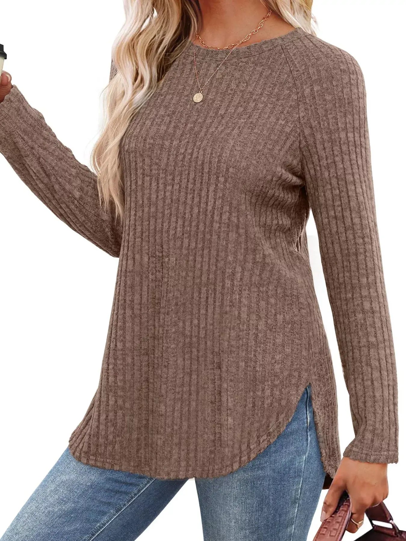 Ribbed Knit Long Sleeve T-Shirt - Trendsi - Flyclothing LLC
