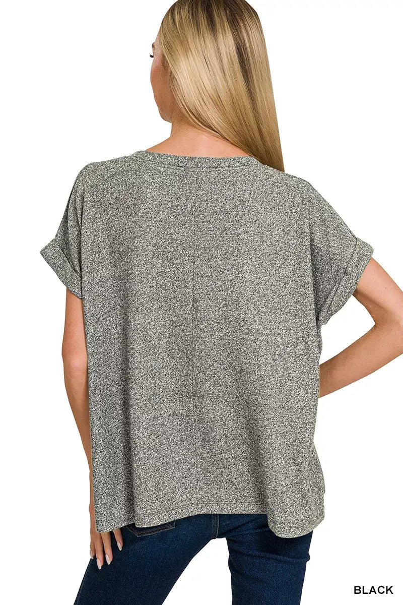 Zenana Soft Melange Hacci Short Sleeve Round Neck Top - Trendsi - Flyclothing LLC