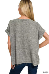 Zenana Soft Melange Hacci Short Sleeve Round Neck Top - Trendsi - Flyclothing LLC