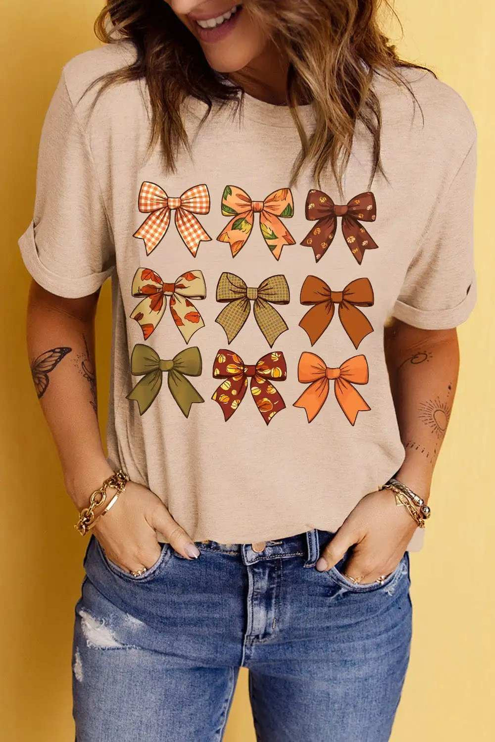 Bow Graphic Round Neck Short Sleeve T-Shirt - Trendsi - Flyclothing LLC