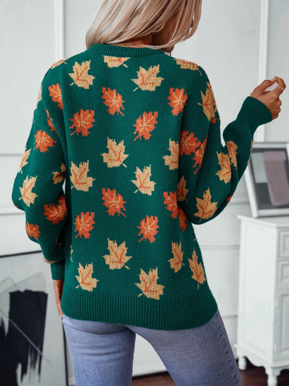Maple Leaf Round Neck Long Sleeve Sweater - Trendsi
