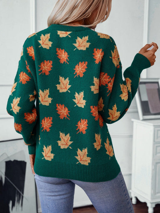 Maple Leaf Round Neck Long Sleeve Sweater - Trendsi