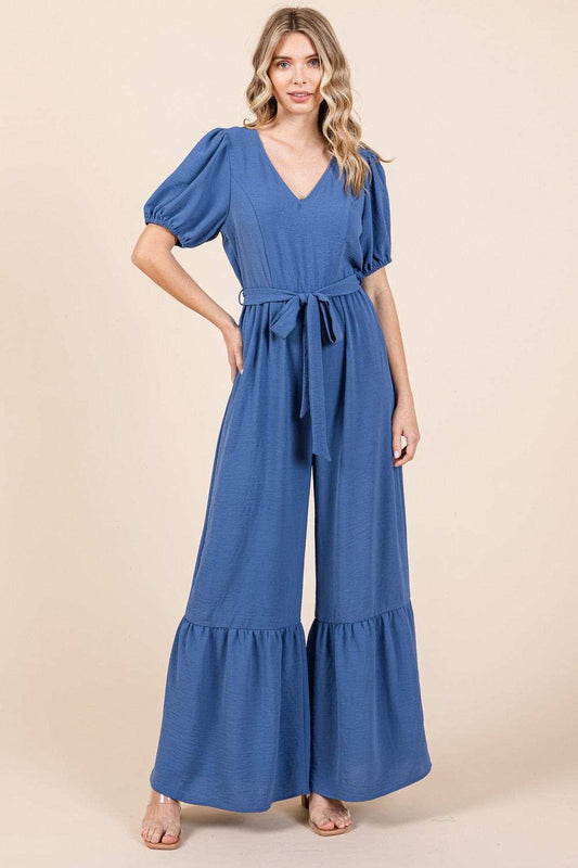 GeeGee Full Size V-Neck Belted Wide Leg Jumpsuit - Trendsi - Flyclothing LLC