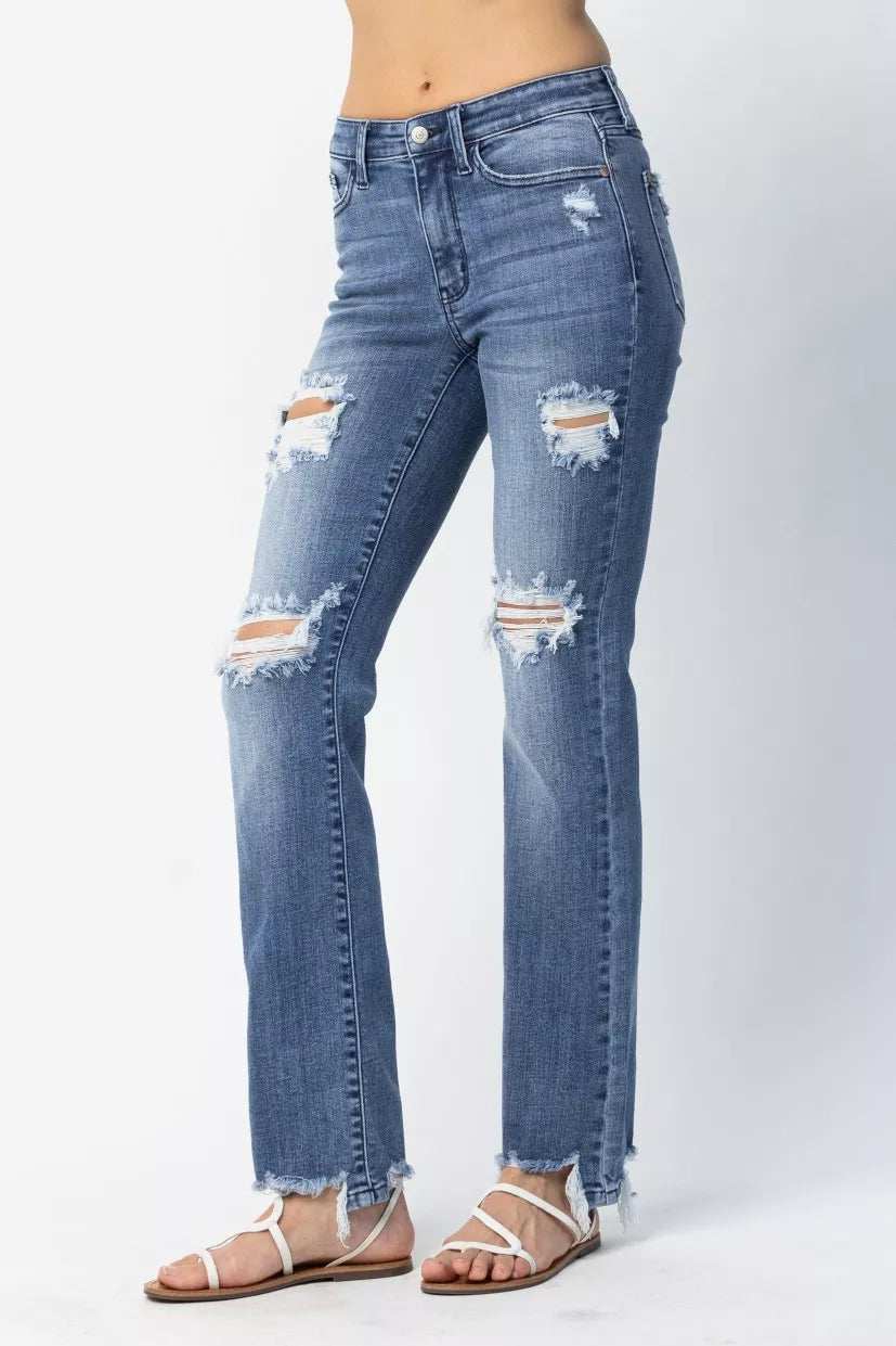 Judy Blue Full Size Mid Rise Destroy Straight Jeans Plus Size - Trendsi - Flyclothing LLC