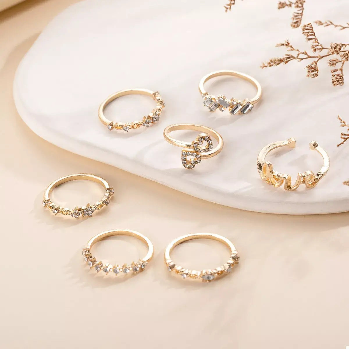 7 Piece 18K Gold-Plated LOVE Zircon Ring Set - Trendsi - Flyclothing LLC