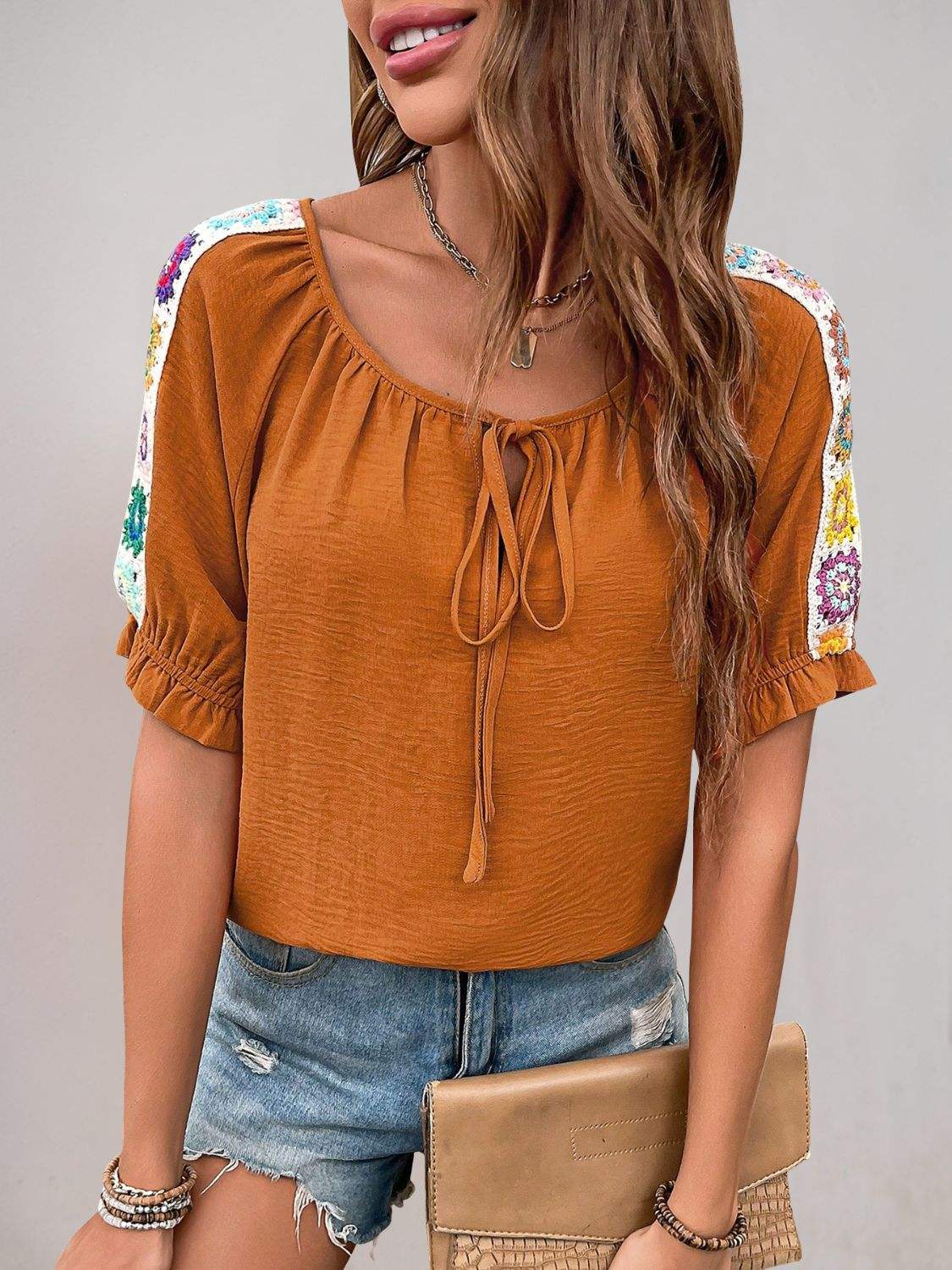 Perfee Tied Crochet Detail Short Sleeve Blouse - Trendsi - Flyclothing LLC