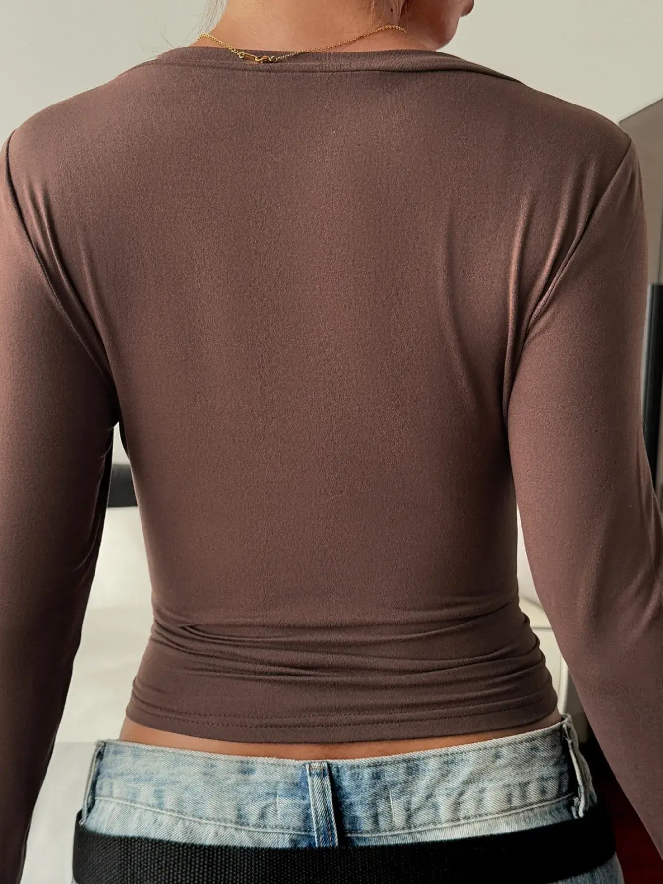 V-Neck Long Sleeve Fitted T-Shirt - Trendsi - Flyclothing LLC
