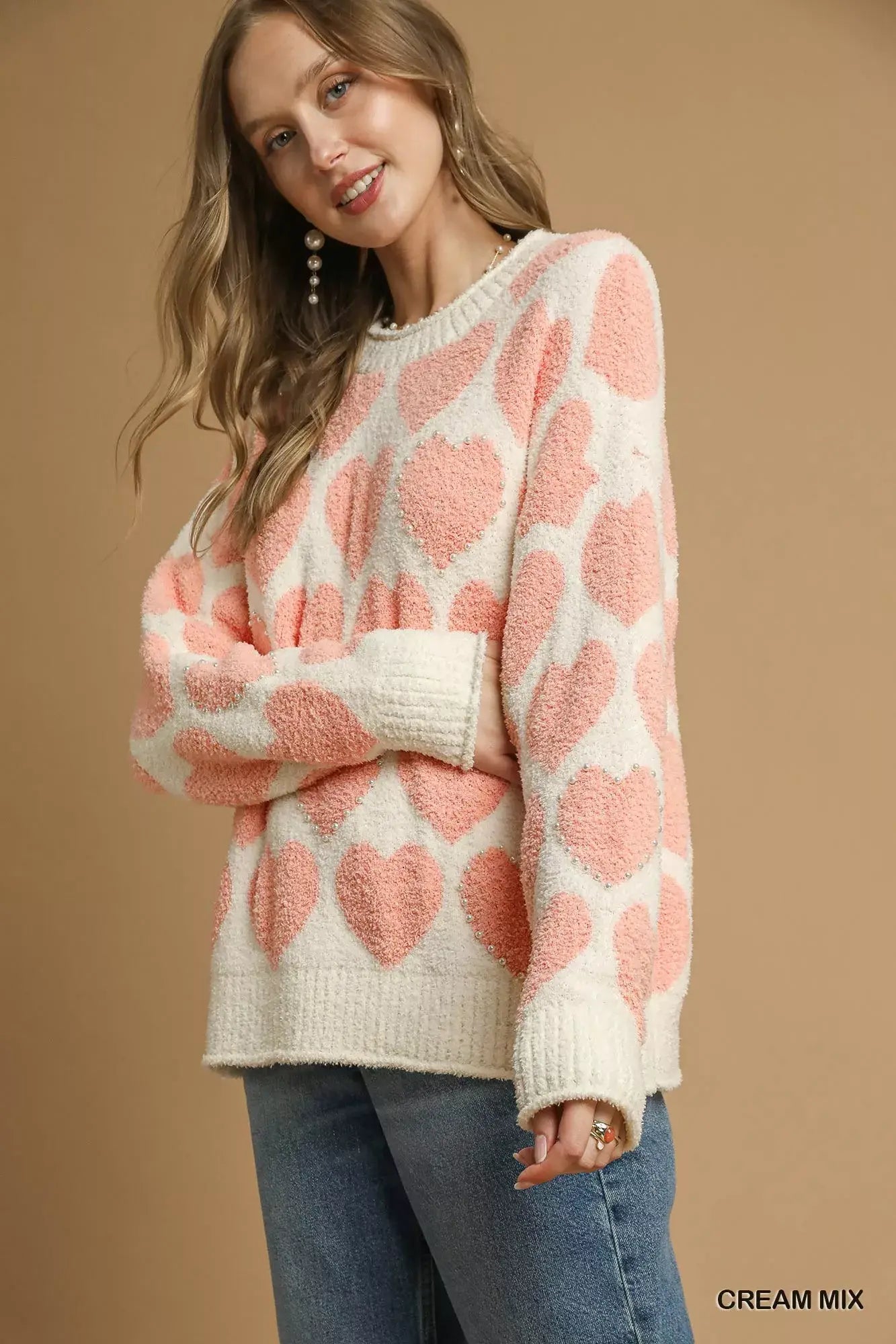 Umgee Mix Heart Pattern Pearl Accent Sweater - Trendsi - Flyclothing LLC