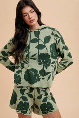 Annie Wear Flower Pattern Drawstring Hooded Top and Shorts Sweater Set - Trendsi