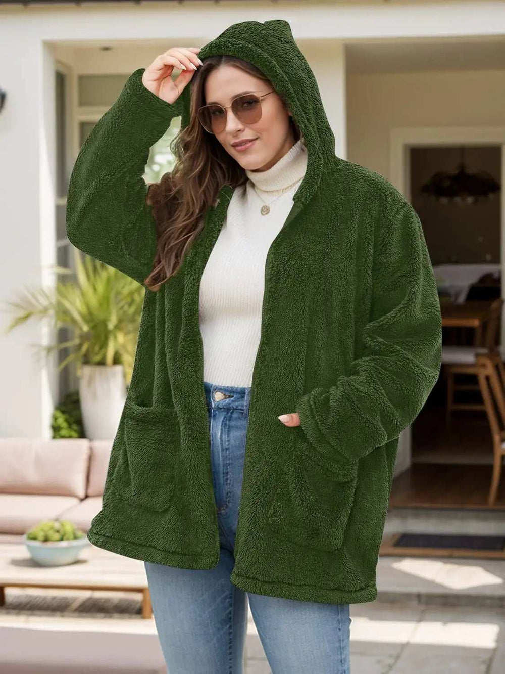Plus Size Zip Up Long Sleeve Hooded Outerwear - Trendsi - Flyclothing LLC