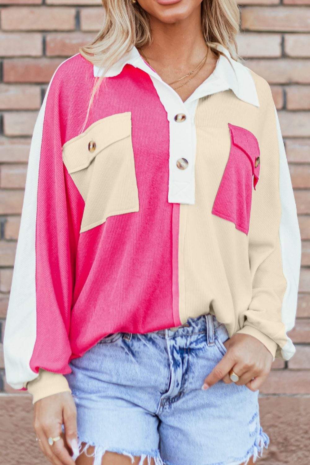 Color Block Collared Neck Long Sleeve Sweatshirt - Trendsi - Flyclothing LLC