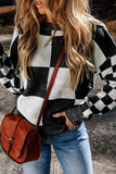 Checkered Round Neck Drop Shoulder Sweater - Trendsi - Flyclothing LLC