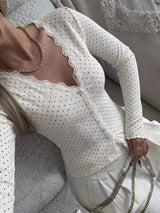 Lace Trim V-Neck Ribbed Long Sleeve Blouse - Trendsi - Flyclothing LLC