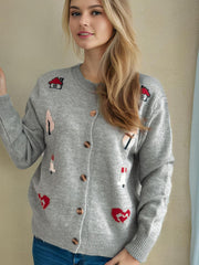 Button Up Round Neck Long Sleeve Cardigan - Trendsi