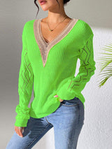 Openwork V-Neck Long Sleeve Sweater - Trendsi - Flyclothing LLC