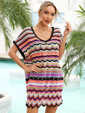 Rainbow Stripe Scalloped V-Neck Cover-Up Dress - Trendsi - Flyclothing LLC