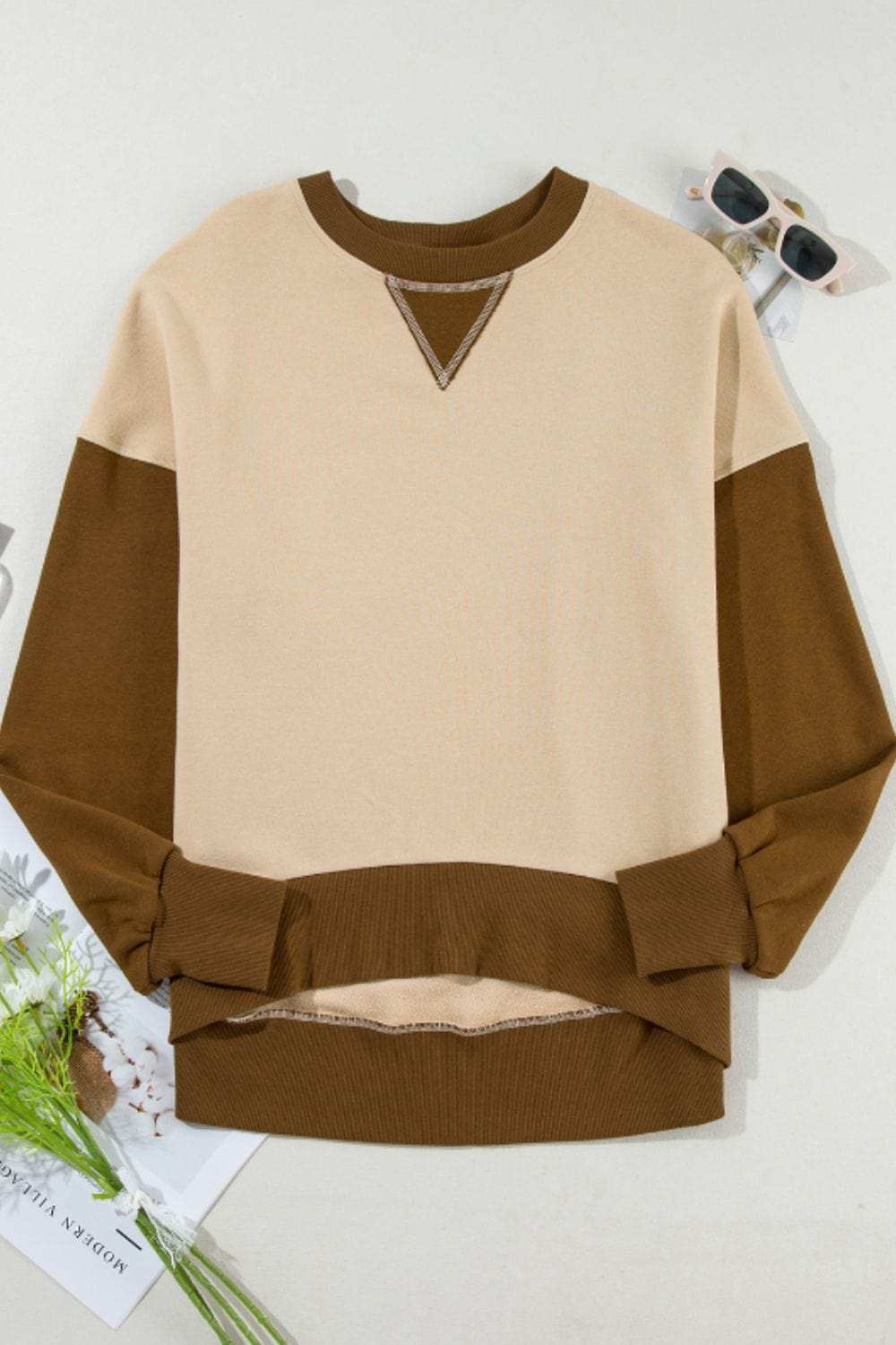 Color Block Round Neck Long Sleeve Sweatshirt - Trendsi - Flyclothing LLC