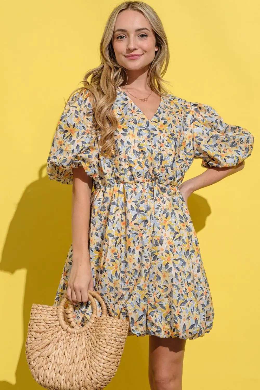And The Why Full Size Floral Surplice Puff Sleeve Dress - Trendsi - Flyclothing LLC
