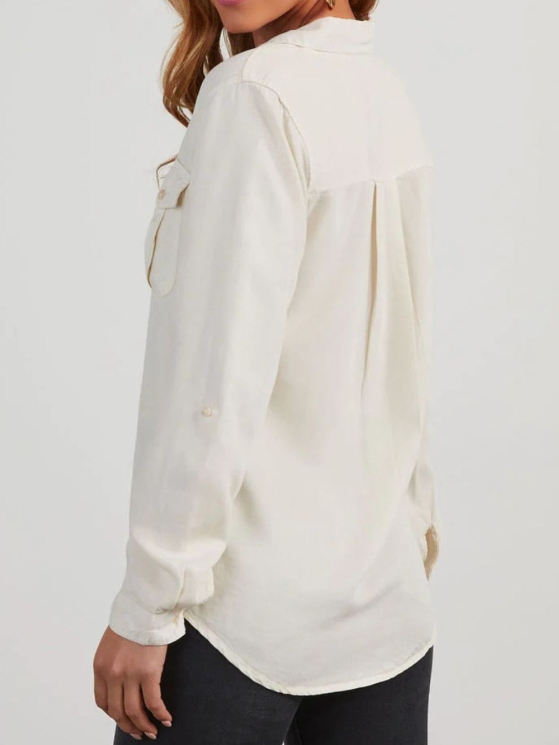 Collared Neck Roll-Tab Sleeve Denim Top - Trendsi