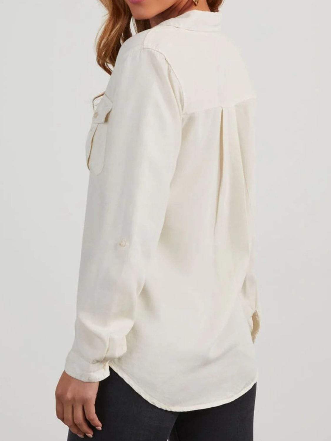 Collared Neck Roll-Tab Sleeve Denim Top - Trendsi - Flyclothing LLC