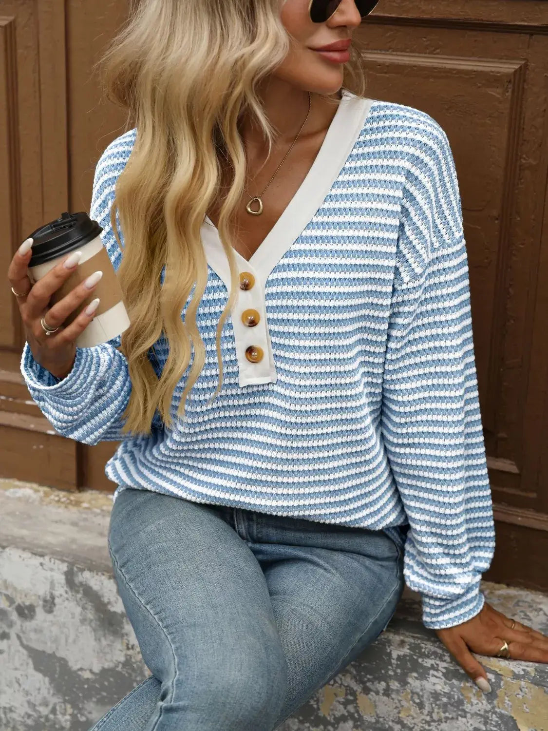 Striped Button Detail Long Sleeve T-Shirt - Trendsi - Flyclothing LLC