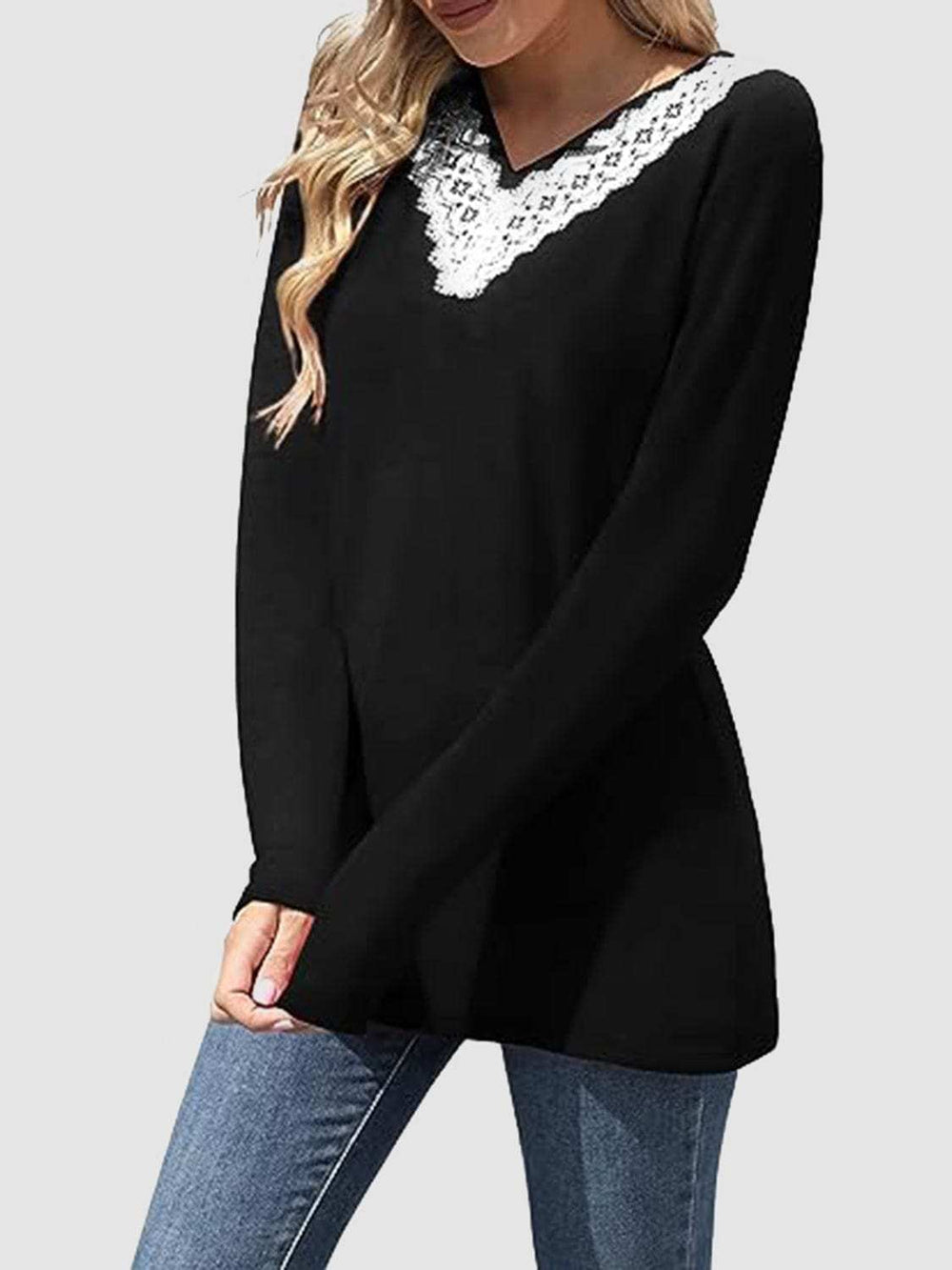 Lace Detail V-Neck Long Sleeve T-Shirt - Trendsi - Flyclothing LLC