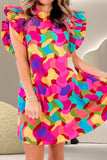 Contrast Print Round Neck Cap Sleeve Mini Dress - Trendsi - Flyclothing LLC