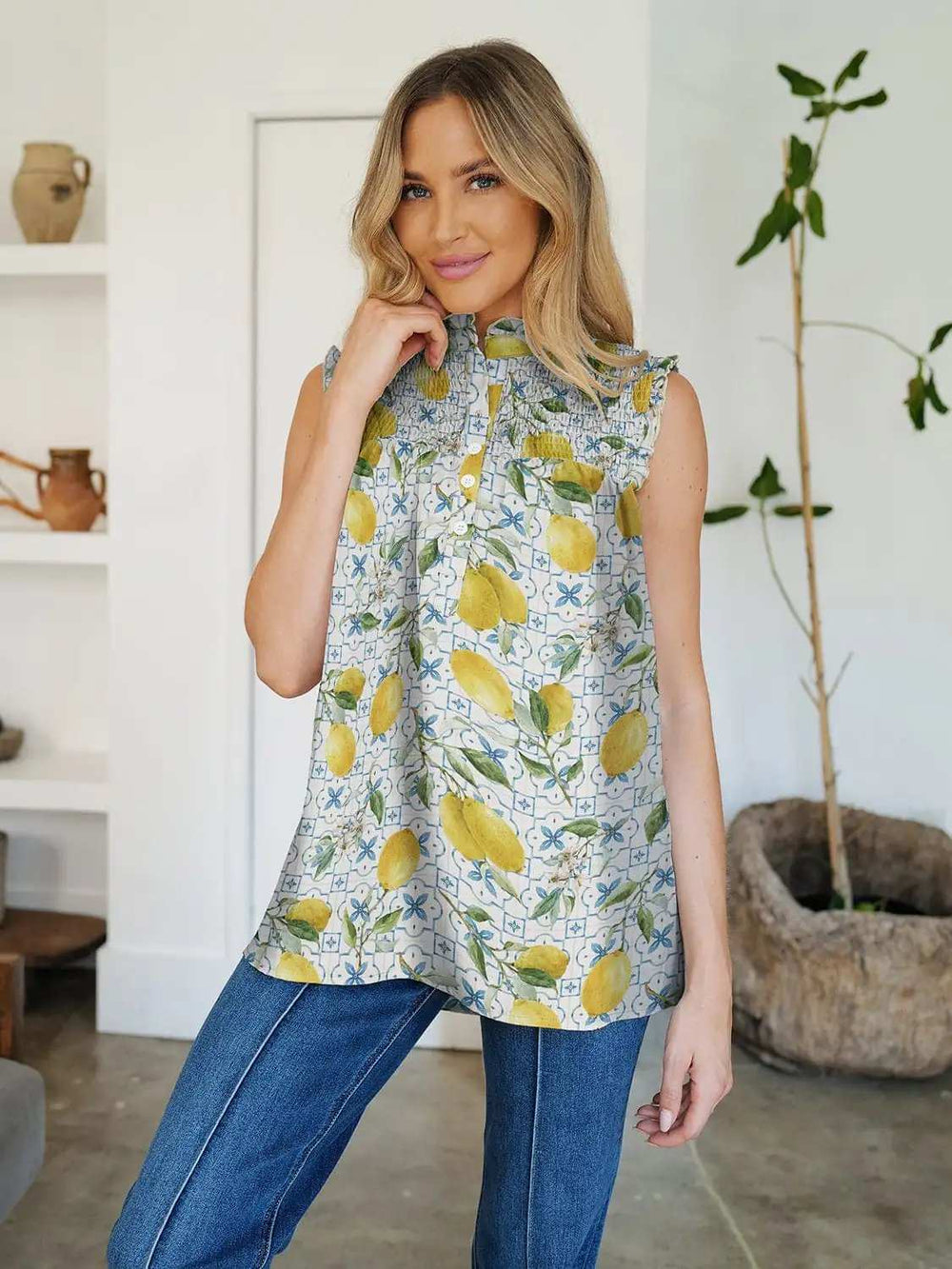 Frill Printed Mock Neck Top - Trendsi - Flyclothing LLC
