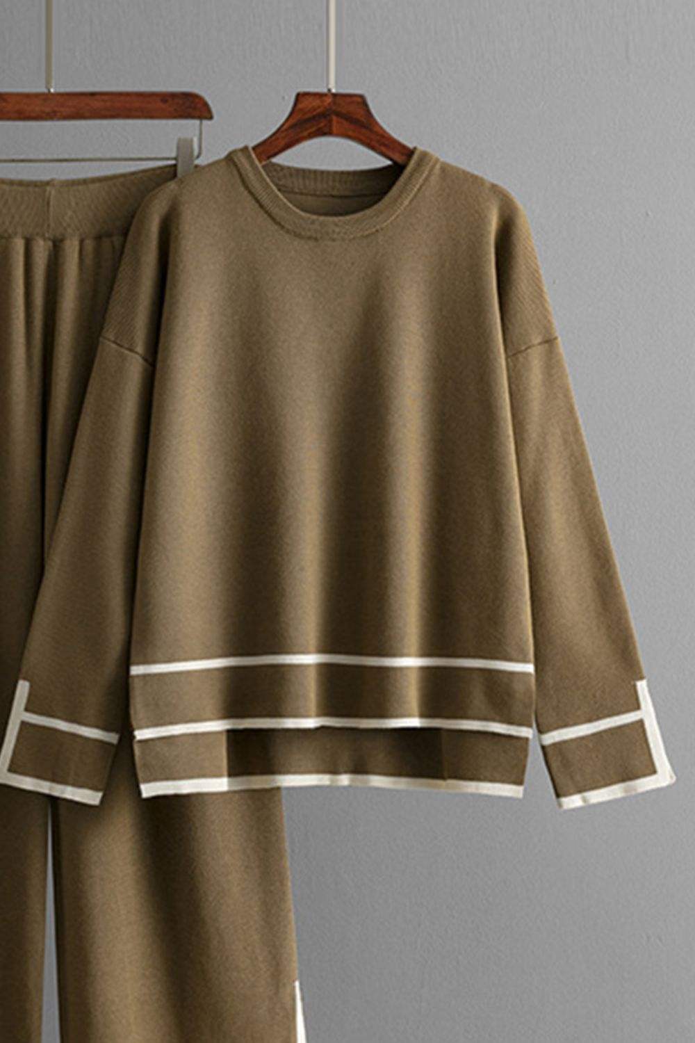High-Low Round Neck Top and Pants Sweater Set - Trendsi - Flyclothing LLC