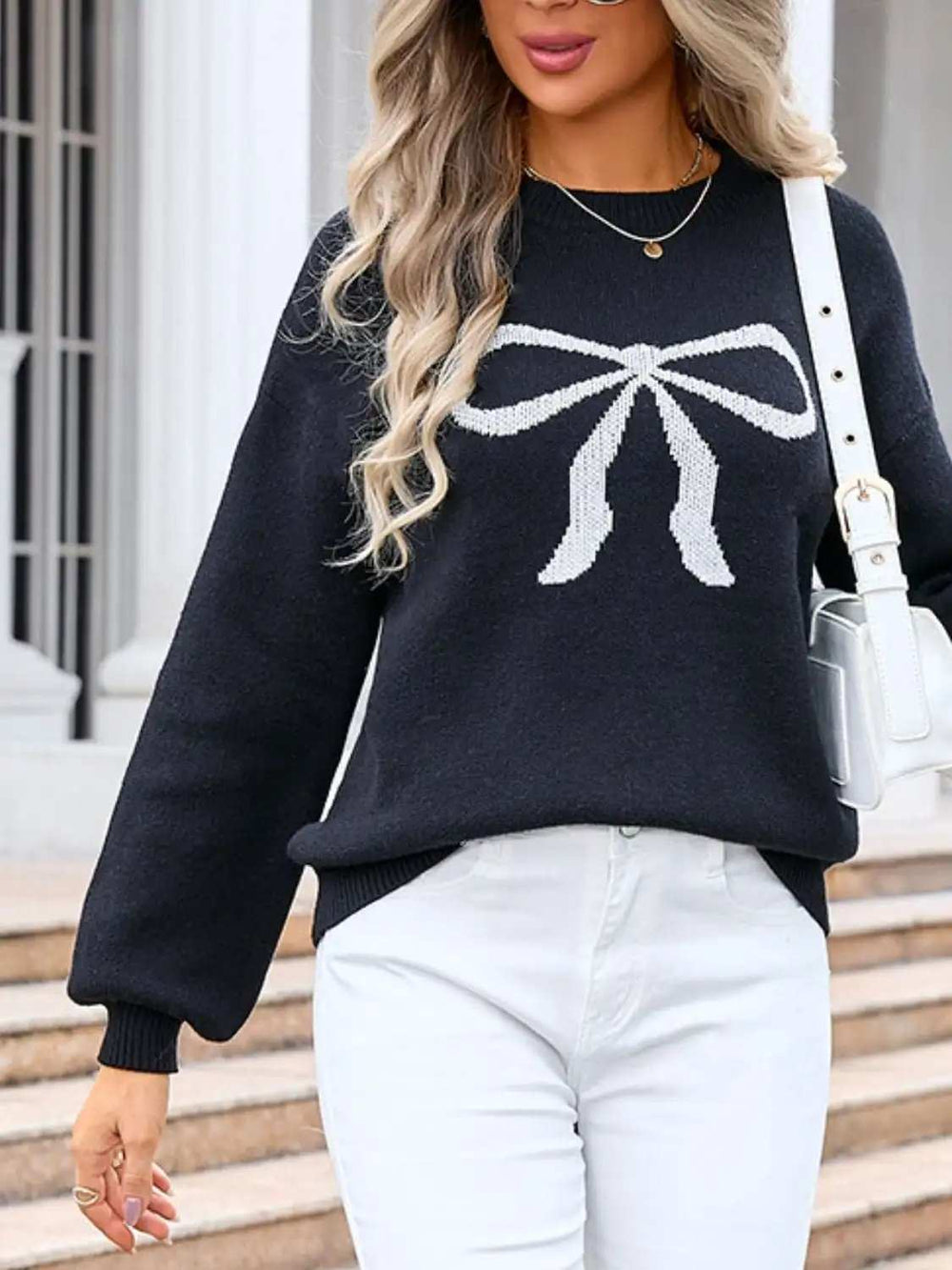 Bow Graphic Round Neck Long Sleeve Sweater - Trendsi - Flyclothing LLC