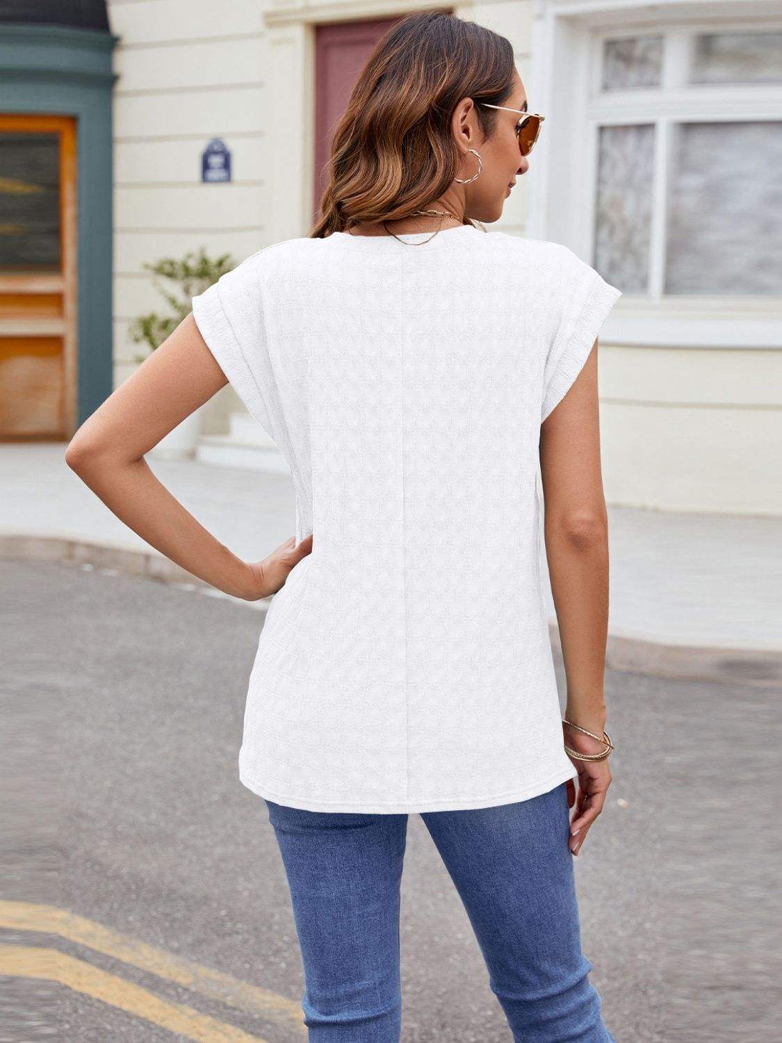 Textured Round Neck Cap Sleeve T-Shirt - Trendsi - Flyclothing LLC